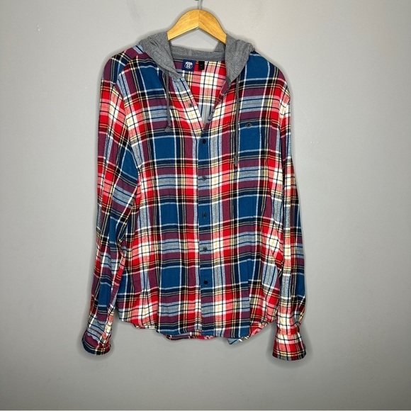 Route 66 plaid hooded flannel button front long sleeve shirt - Picture 1 of 5